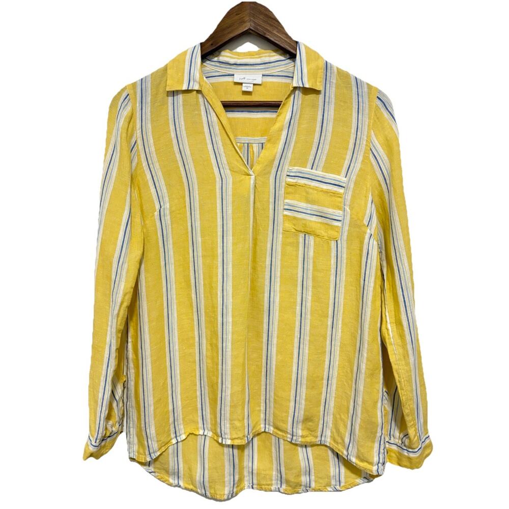 J Jill XS Shirt Love Linen Yellow Striped Popover Roll Tab Sleeve Tunic Top